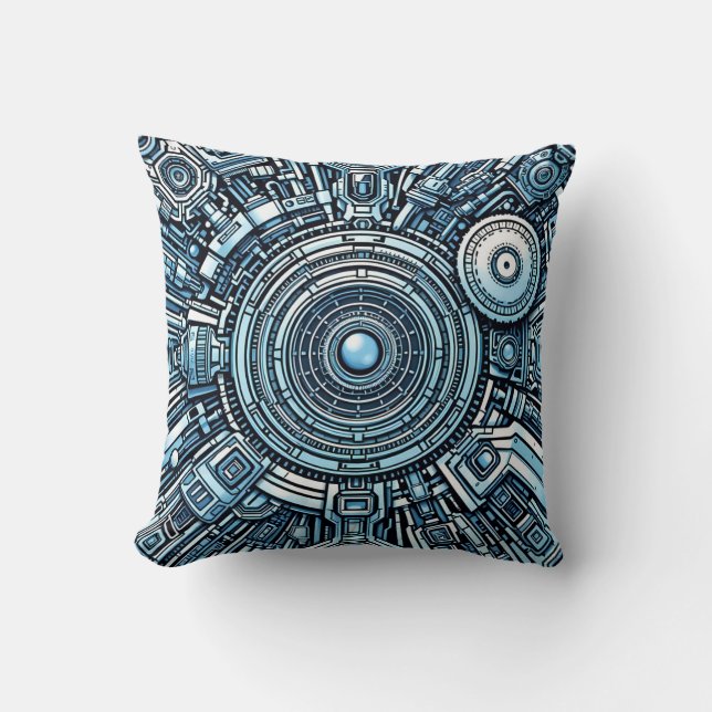 Cybernetic circuit core – futuristic tech art cushion (Front)