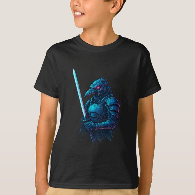 Cybernetic Crow Ronin – Neon Samurai Bird Warrior T-Shirt (Front)