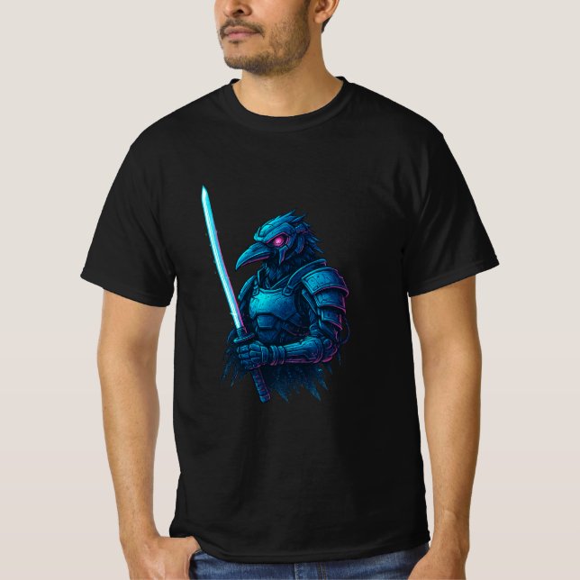 Cybernetic Crow Ronin – Neon Samurai Bird Warrior T-Shirt (Front)