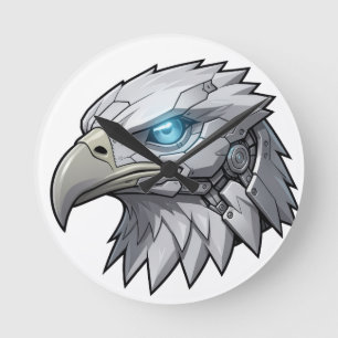Cybernetic Eagle Head Futuristic Robotic Bald Eagl Round Clock