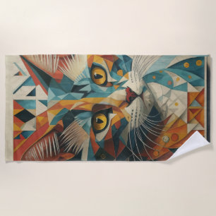 CYBERNETIC KITTY CAT ABSTRACT GEOMETRIC CUBISM  BEACH TOWEL