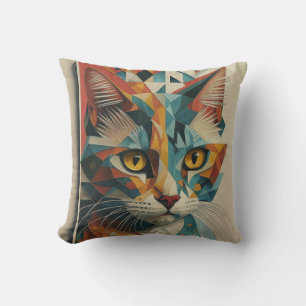 CYBERNETIC KITTY CAT ABSTRACT GEOMETRIC CUBISM CUSHION
