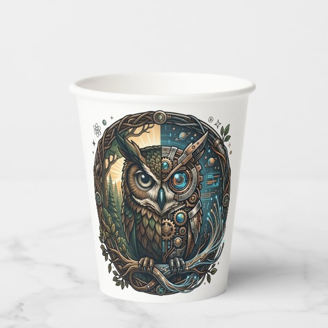 Cybernetic Owl Nature vs Technology Steampunk Paper Cups (Front)