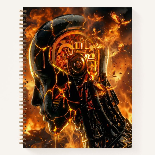 Cybernetic Phoenix Fire Dark Sci Fi Gamer Notebook (Front)