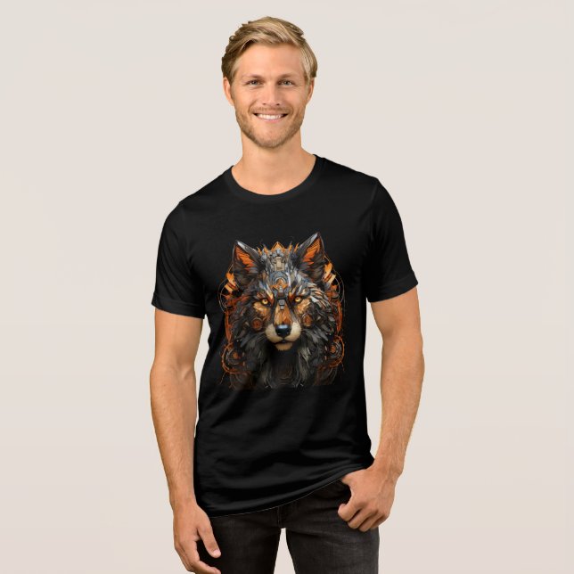 Cybernetic Wolf with Orange Circuitry Tri-Blend Shirt (Front Full)