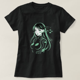 Cybernetica Neon Glitch Anime Girl Digital Art T-Shirt