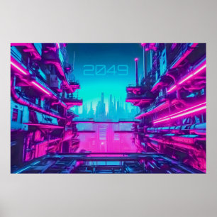 Cyberpunk 2049 Neon City Landscape Sci-Fi Poster