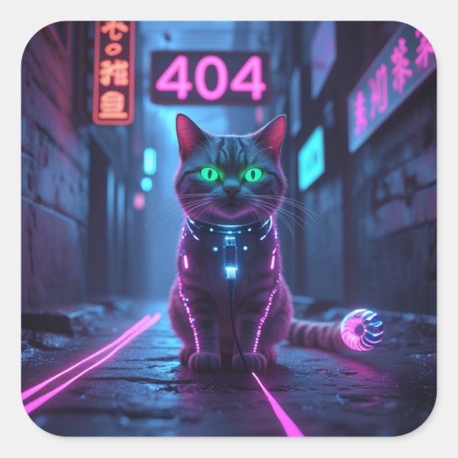 Cyberpunk 404 Error Neon Cat Sticker (Front)