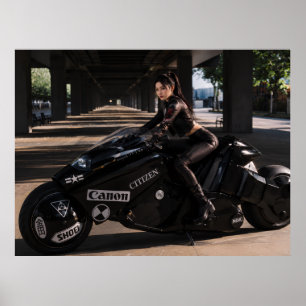 Cyberpunk Anime Girl on Black Futuristic Motorcycl Poster