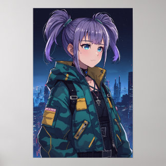 Cyberpunk Anime Girl Pigtails Camo Jacket Art Poster