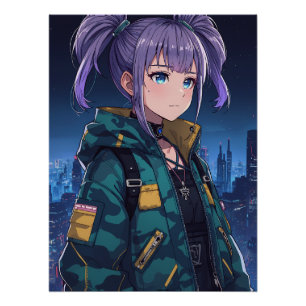 Cyberpunk Anime Girl Pigtails Camo Jacket Art Poster