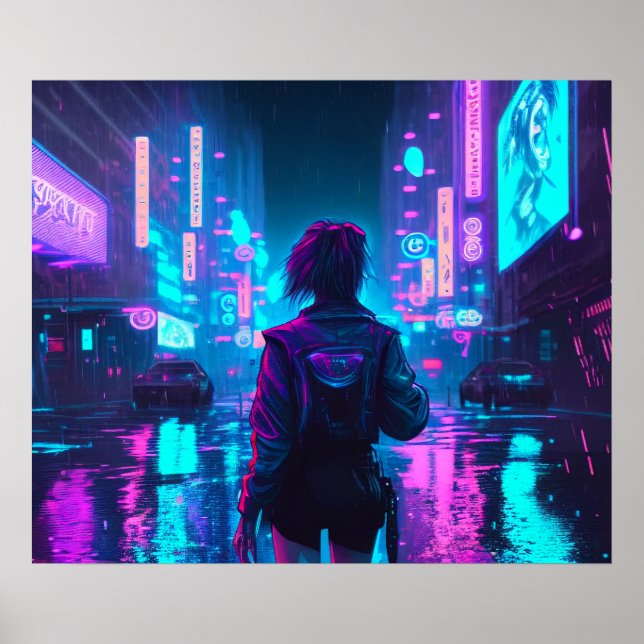 Cyberpunk anime girl rainy city poster (Front)
