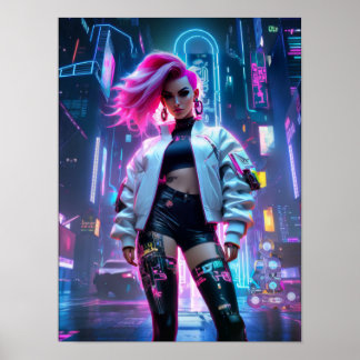 Cyberpunk beautiful woman in future city poster