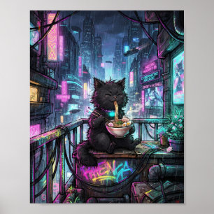Cyberpunk Black Cat Slurping Ramen Poster - Neon F