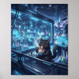 Cyberpunk Black Cat Slurping Ramen Poster - Sci Fi