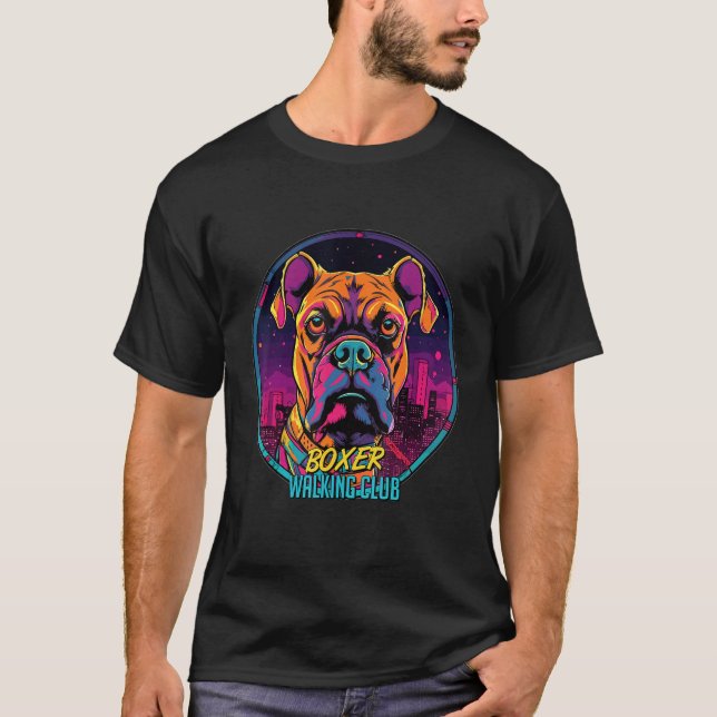 Cyberpunk Boxer Walking Club Futuristic Dog T-Shirt (Front)