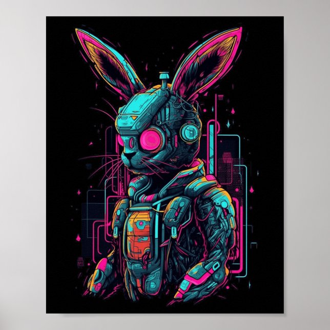 Cyberpunk Bunny Cyborg Rabbit Cool Gamer Easter  Poster (Front)