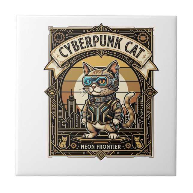 Cyberpunk Cat Cat Cyberpunk Vintage Ceramic Tile (Front)