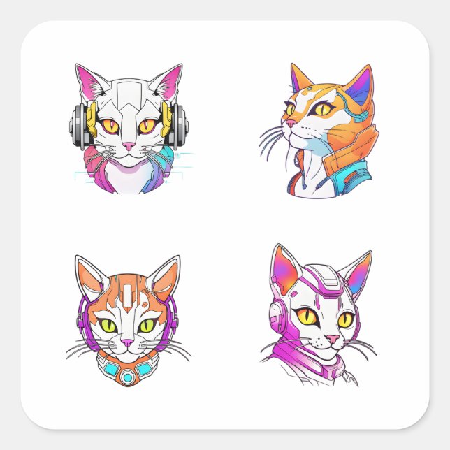 Cyberpunk Cat Doodle Style 4 Pack Stickers (Front)
