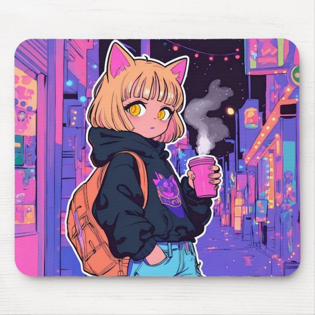 Cyberpunk Cat Girl Mousepad – Neon Aesthetic (Front)