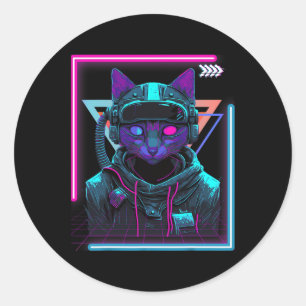 Cyberpunk Cat Kitty Punker Futuristic Cyber Punk  Classic Round Sticker