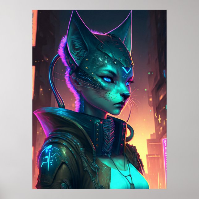 Cyberpunk cat woman in neon city poster (Front)
