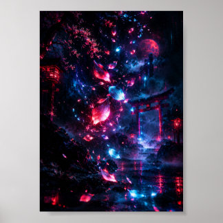Cyberpunk Cherry Blossom , Neon Sakura Petals Poster
