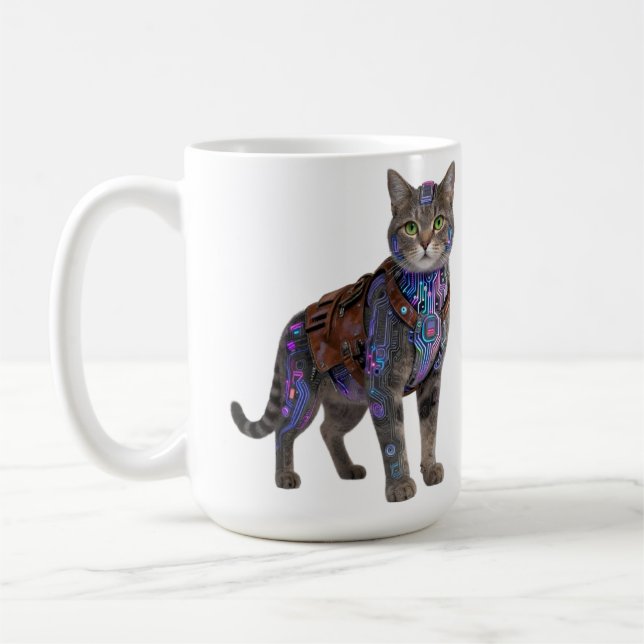 Cyberpunk Circuit Cat – Neon Tech Beast Coffee Mug (Left)