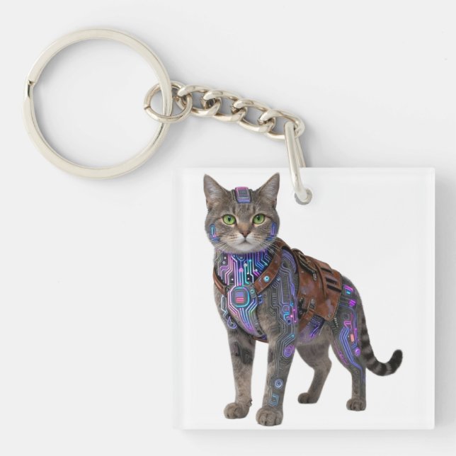 Cyberpunk Circuit Cat – Neon Tech Beast Key Ring (Front)