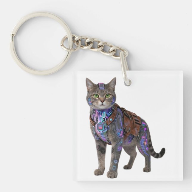 Cyberpunk Circuit Cat – Neon Tech Beast Key Ring (Front)