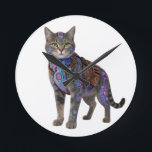 Cyberpunk Circuit Cat – Neon Tech Beast Round Clock<br><div class="desc">Futuristic cyber-cat fused with glowing neon circuits, cyberpunk harness, and high-tech implants. This badass tabby cyborg stands proud in pure white background — ultimate blend of cute kitten charm and dystopian hacker vibe. Perfect for cyberpunk art prints, NFT drops, sci-fi posters, gamer room decor, tech enthusiast gifts, dark neon wall...</div>
