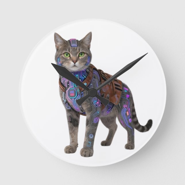 Cyberpunk Circuit Cat – Neon Tech Beast Round Clock (Front)