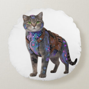 Cyberpunk Circuit Cat – Neon Tech Beast Round Cushion