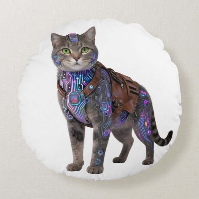 Cyberpunk Circuit Cat – Neon Tech Beast Round Cushion (Front)