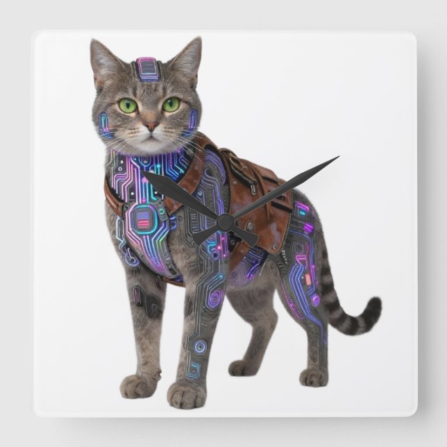Cyberpunk Circuit Cat – Neon Tech Beast Square Wall Clock (Front)