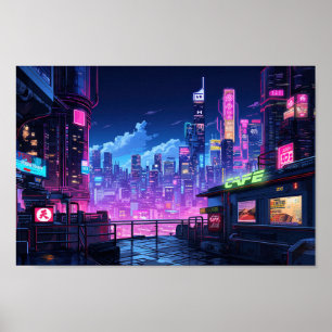 Cyberpunk City Night Cafe Poster