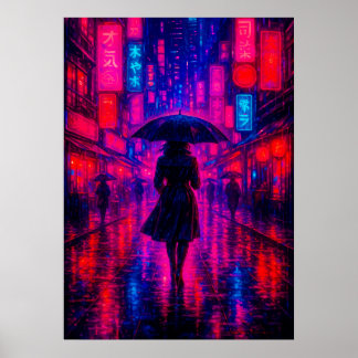 Cyberpunk City Night with Neon Lights and Umbrella Poster