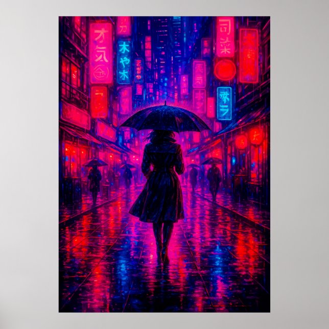 Cyberpunk City Night with Neon Lights and Umbrella Poster (Front)