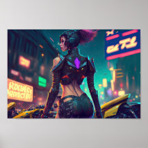cyberpunk cityscape neon lights motorcycle woman