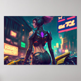 cyberpunk cityscape neon lights motorcycle woman poster