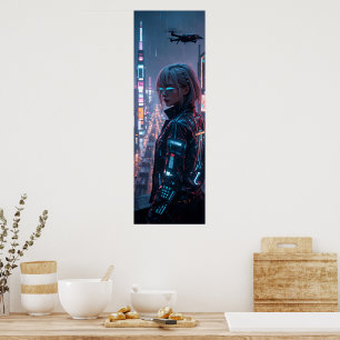Cyberpunk Cityscape Poster Futuristic Female Hacke
