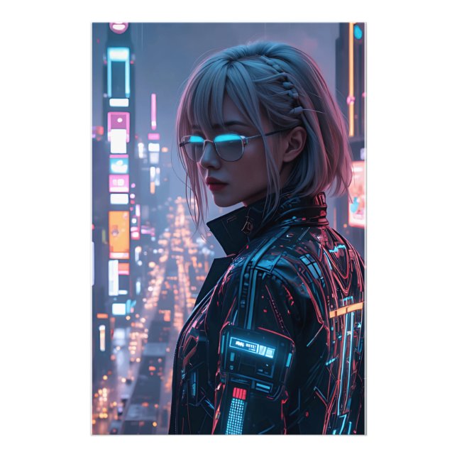 Cyberpunk Cityscape Poster Futuristic Female Hacke (Front)