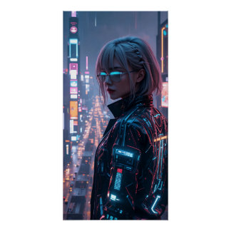 Cyberpunk Cityscape Poster Futuristic Female Hacke
