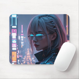 Cyberpunk Cityscape Poster Futuristic Female Hacke Mouse Pad