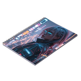 Cyberpunk Cityscape Poster Futuristic Female Hacke Notebook
