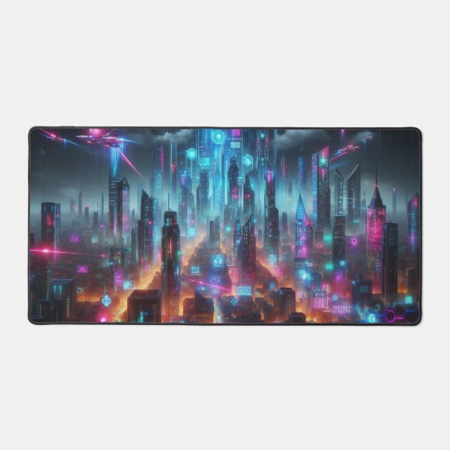 Cyberpunk Cityscape, Science Fiction Design  Desk Mat (Front)