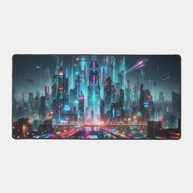 Cyberpunk Cityscape, Science Fiction Design  Desk Mat (Front)