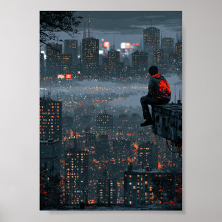 Cyberpunk Cityscape Silhouette of a Lone Figure  Poster