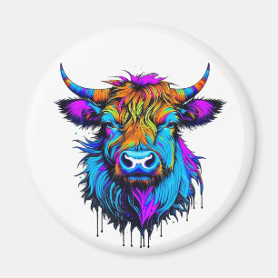 Cyberpunk Colorful Ai Highland Cow Magnet