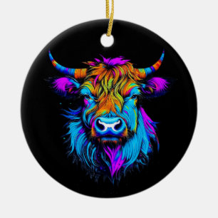 Cyberpunk Colourful Ai Highland Cow Christmas Ceramic Ornament